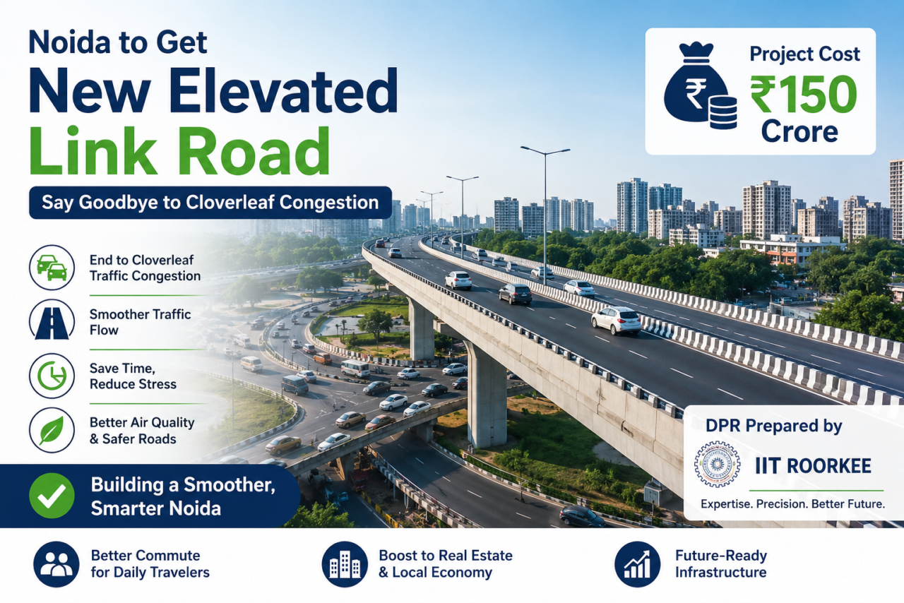 A new elevated link road will be built in Noida at a cost of 150 crore rupees, eliminating congestion caused by cloverleaf traffic; IIT Roorkee is preparing the DPR.